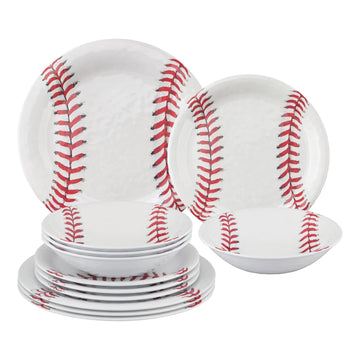 12 Piece Baseball Melamine Dinnerware Sets, Outdoor Dishes Set, Plates and Bowls Sets, Service for 4, White