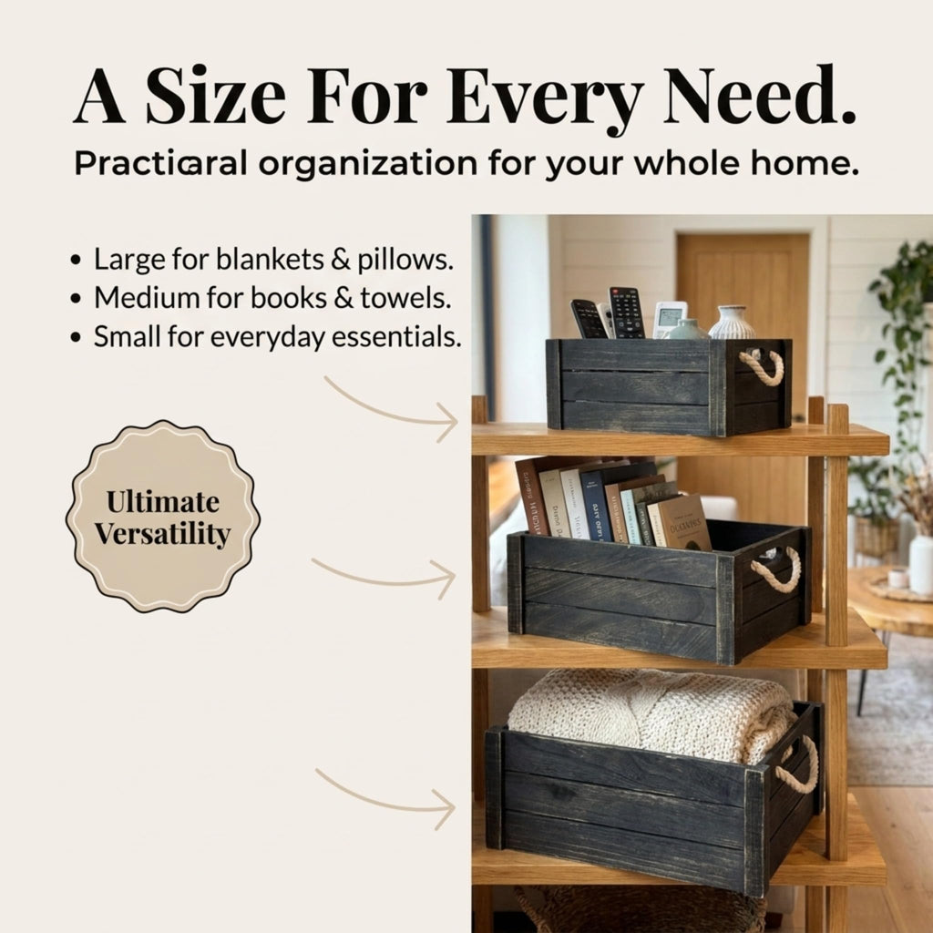 Set of 3 Black Wooden Crates with Rope Handles, Nesting Decor Storage Boxes