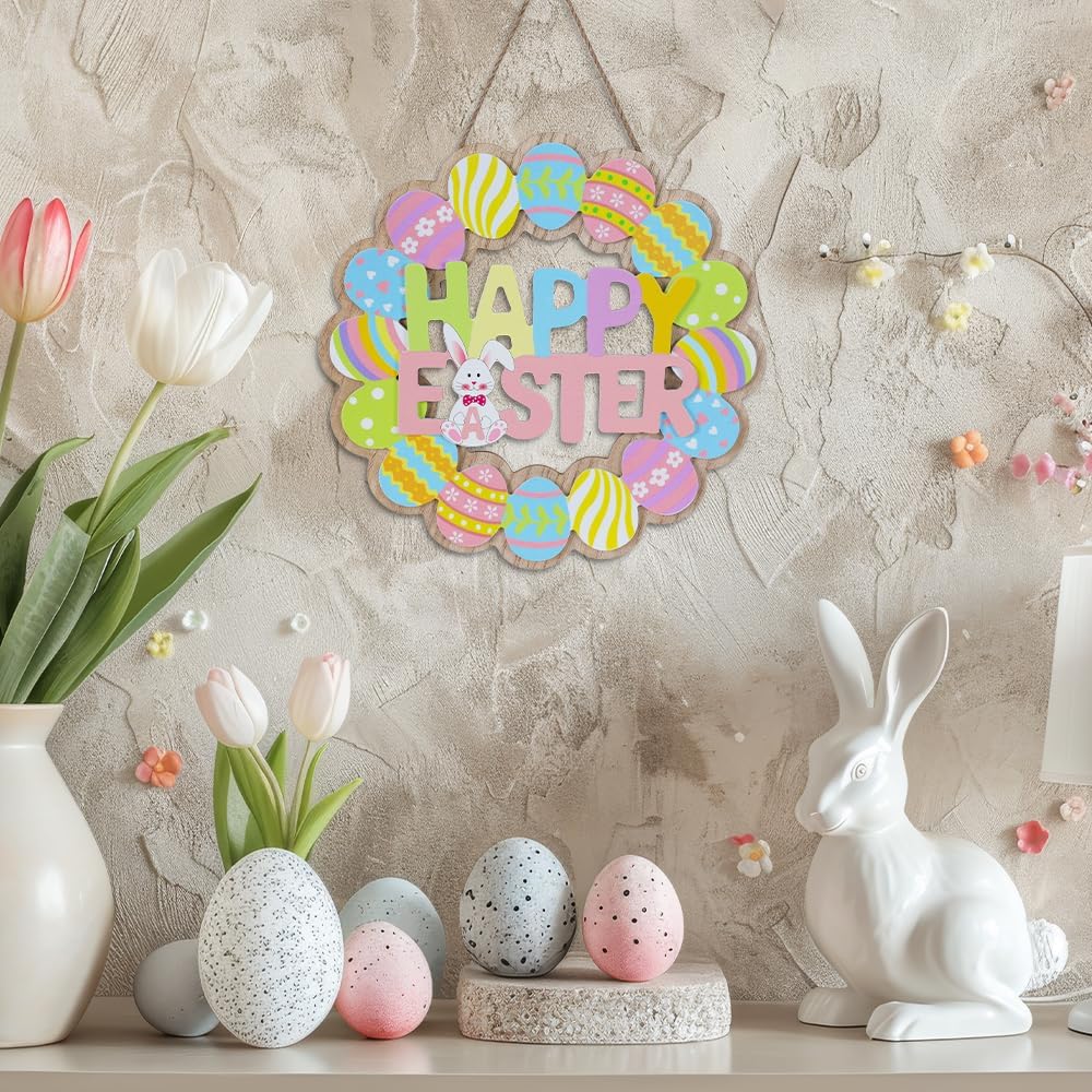 Easter Decorations, Wooden Bunny Eggs Wreaths for Front Door Sign, Happy Easter Wood Wall Signs Hanging Crafts Spring