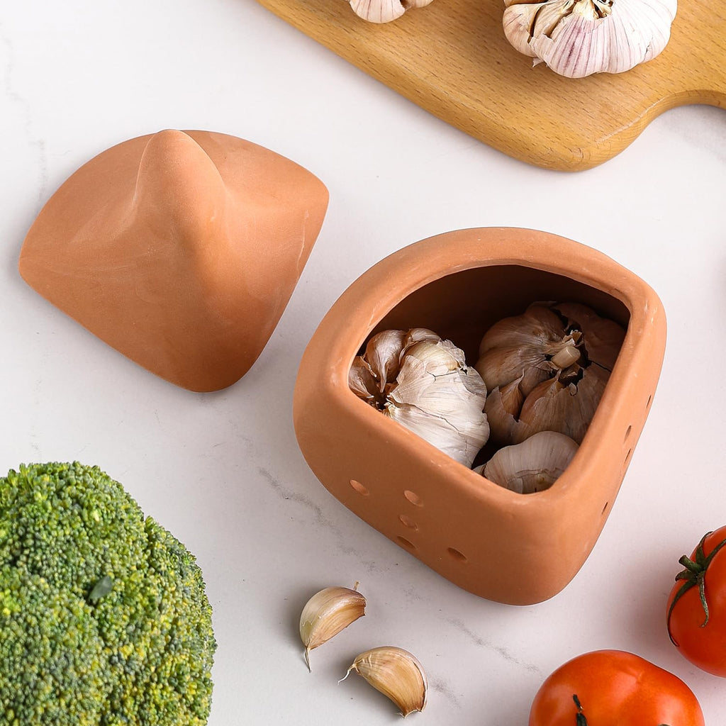 Terracotta Garlic Keeper Saver, Clay Storage Jar Large Container, Ceramic Garlic Pot Holder