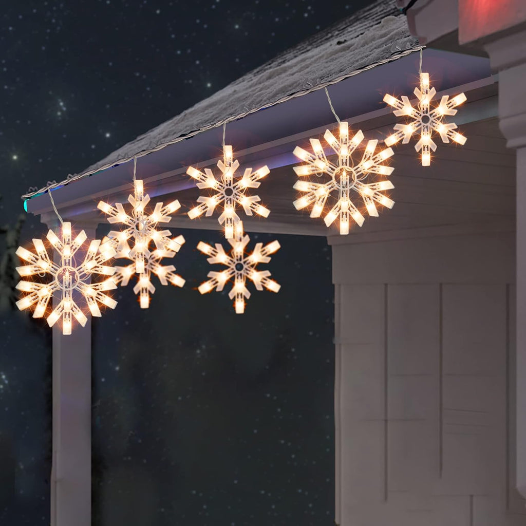Christmas Snowflake Lights Outdoor,100 Count 8.5FT Connectable Waterproof Christmas Icicle Lights with 6 Drops Plug