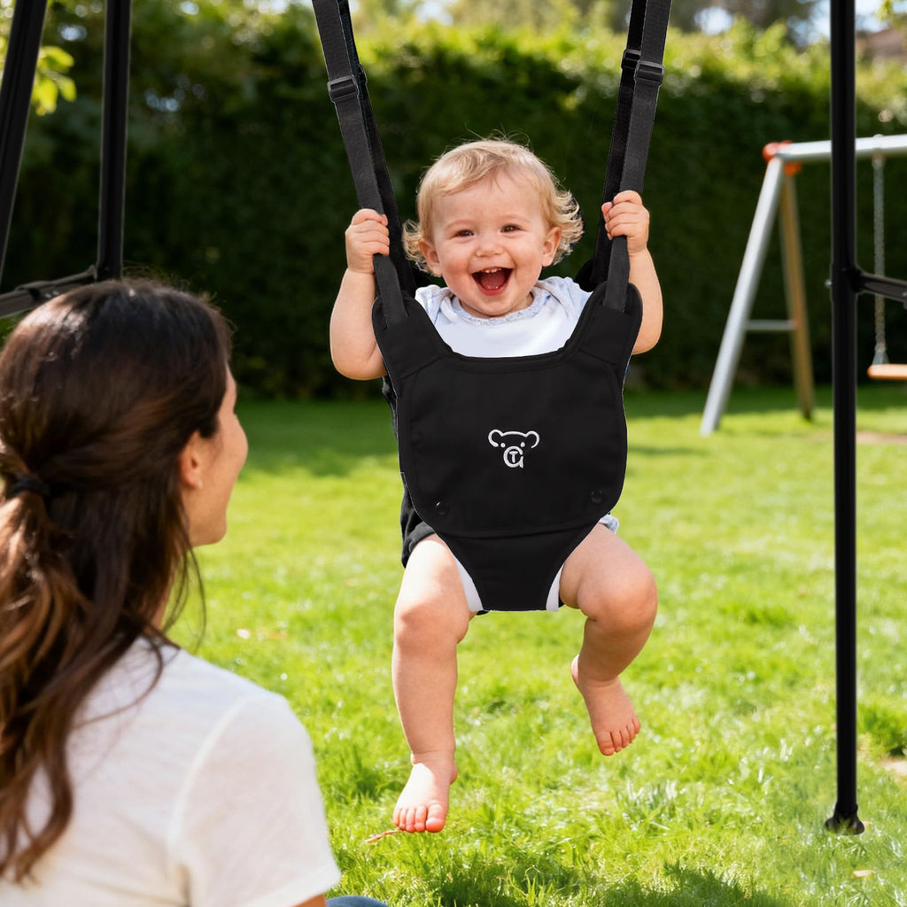 2-in-1 Baby Jumper & Swing - Foldable Stand, Stable Toddler Swing Set for Indoor & Outdoor Use (Black)