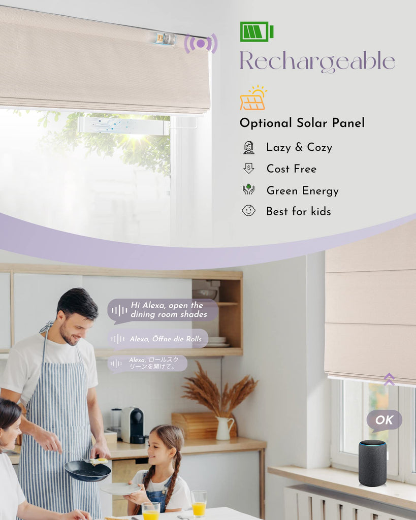 Smart Roman Shades Compatible with Alexa Google Rechargeable Motorized Blinds with Remote Blackout Roman Window