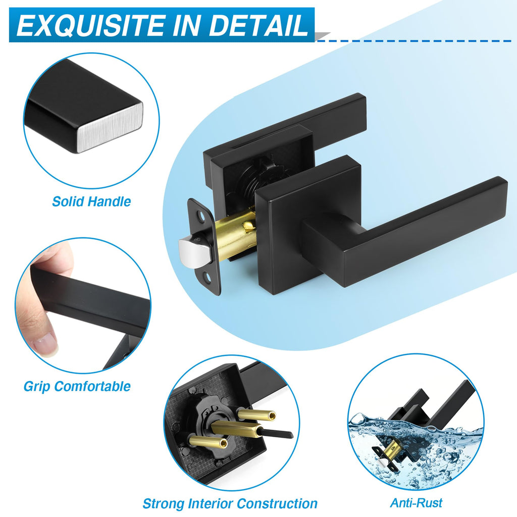 8 Pack Matte Black Door Handles, Passage Door Levers & Closet, Interior Keyless Door Knobs Heavy Duty Square