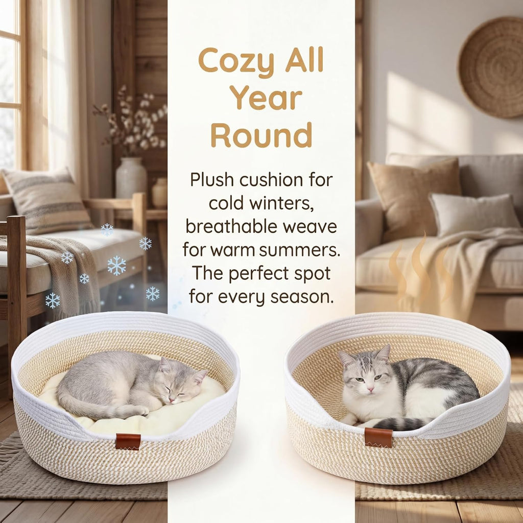 Cat Basket with Cushion, 20 Inch Cotton Rope Pet Sleeping Bed
