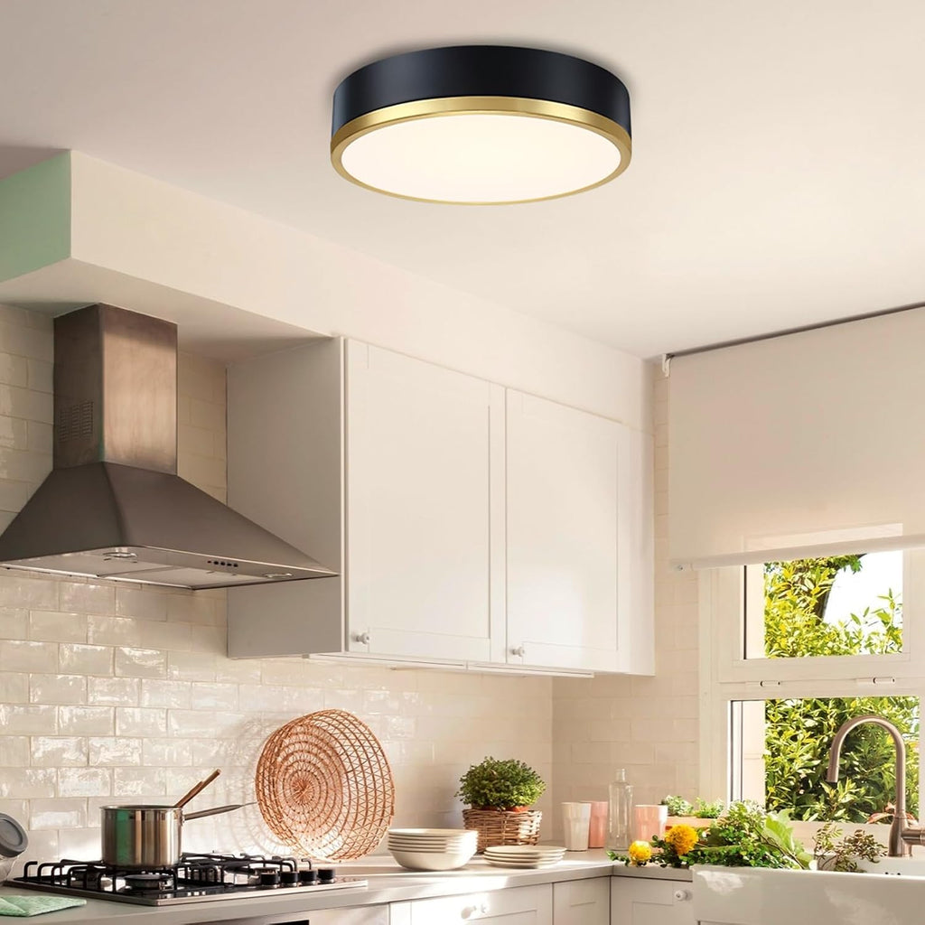 13 Inch Modern LED Flush Mount Ceiling Light - Black and Gold, 22W Dimmable