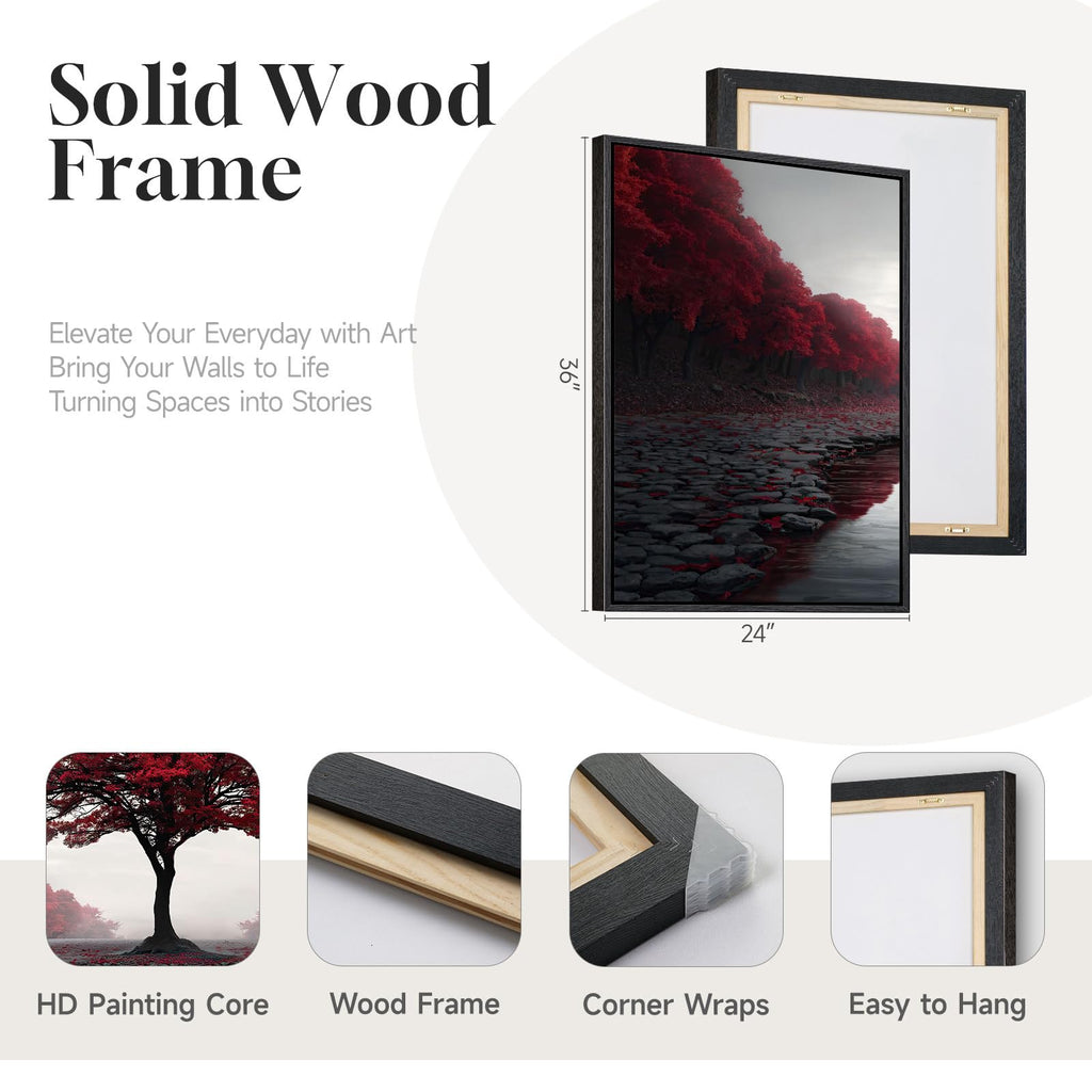 Large Framed Burgundy Tree Landscape Wall Art, 24x36 Inch