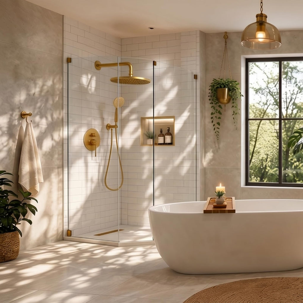 Brushed Gold Rain Shower Head Shower Faucet System Fixture Set