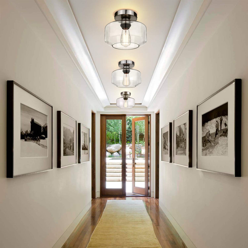 Industrial Semi Flush Mount Ceiling Light Brushed Nickel, Clear Glass Pendant Lamp Shade Farmhouse Lighting Hallway