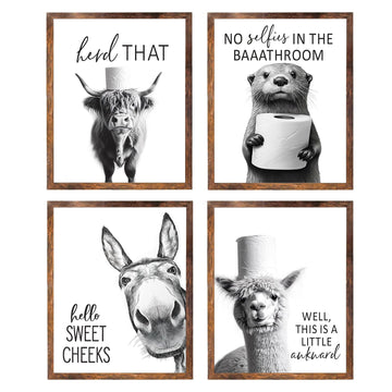 Funny Bathroom Wall Art Black and White Bathroom Signs Decor Rustic Donkey Cow Pictures Wall Decor Funny Animals Head