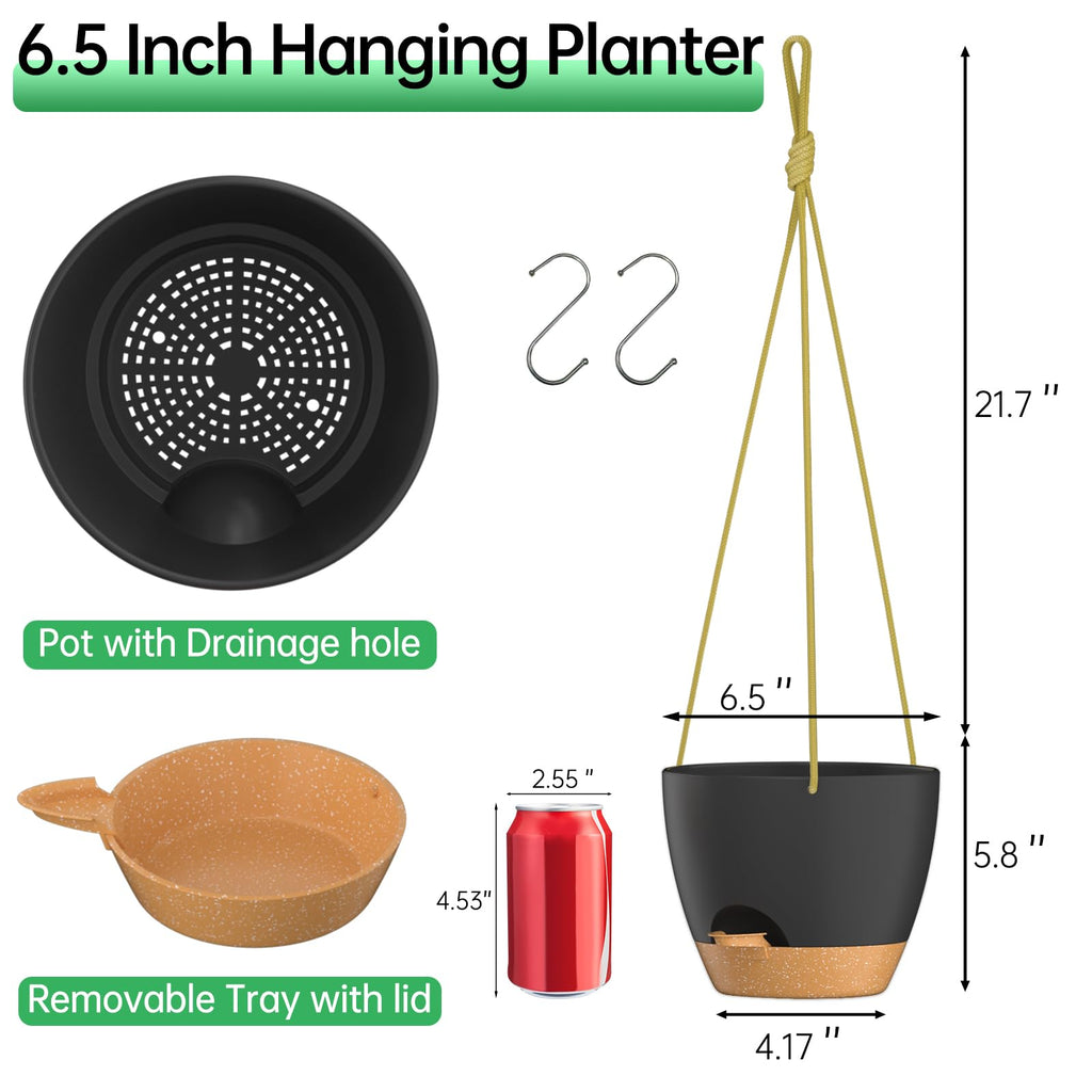6.5 Inch Hanging Planters for Indoor Outdoor Plants, 2 Pack Self Watering Hanging Plant Pots with Drainage Holes and