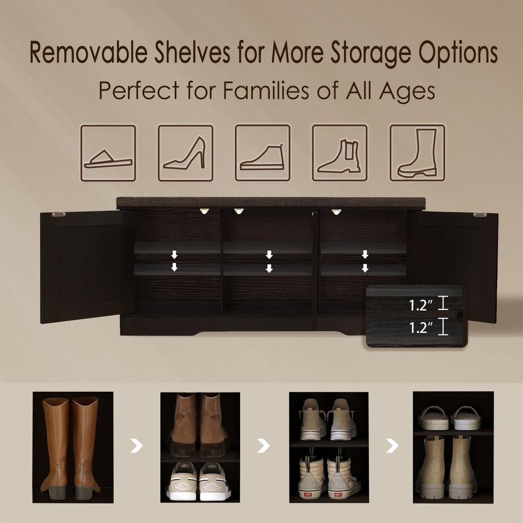 Shoe Storage Bench with Cushion, Door, Espresso Oak 39.4"LX17.7"H