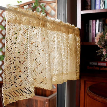 Boho Valance Vintage Crochet Curtain Beige Cotton Lace Sheer W39 x L17 Inch