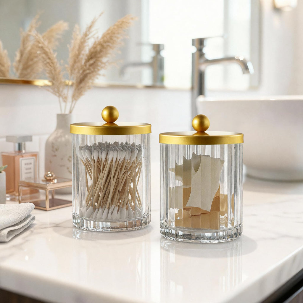 Qtip Holder, Clear Glass Apothecary Jars(Gold 4 Pack)