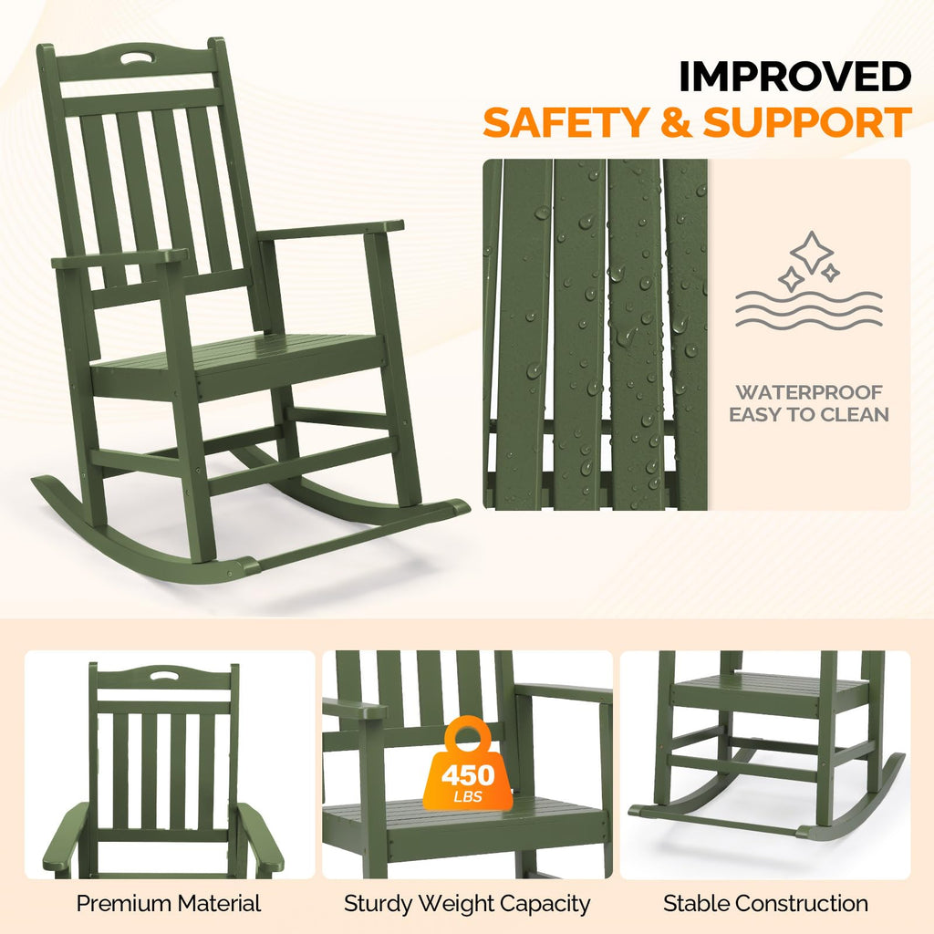Outdoor Rocking Chair with Footrest, Wooden Rocker Set of 2, Green