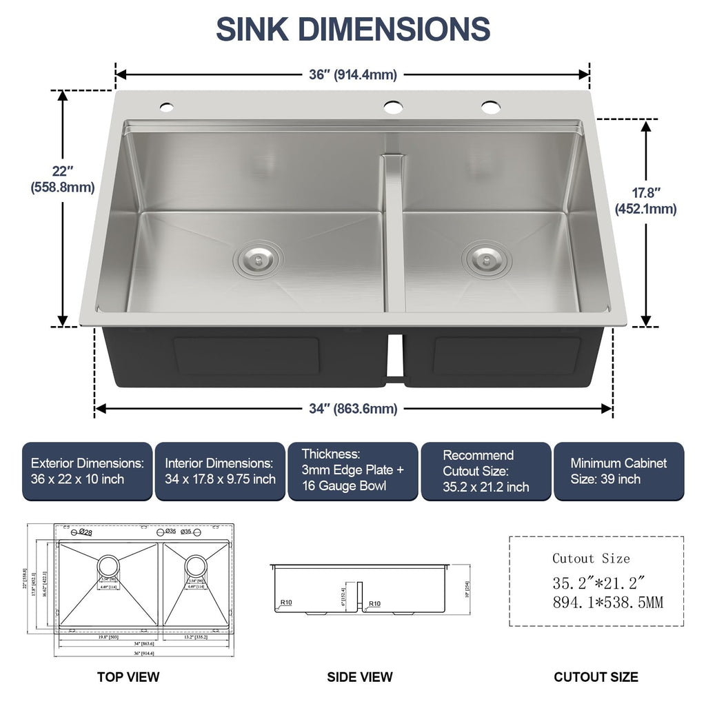 36 Drop In Double Bowl Kitchen Sink 60/40