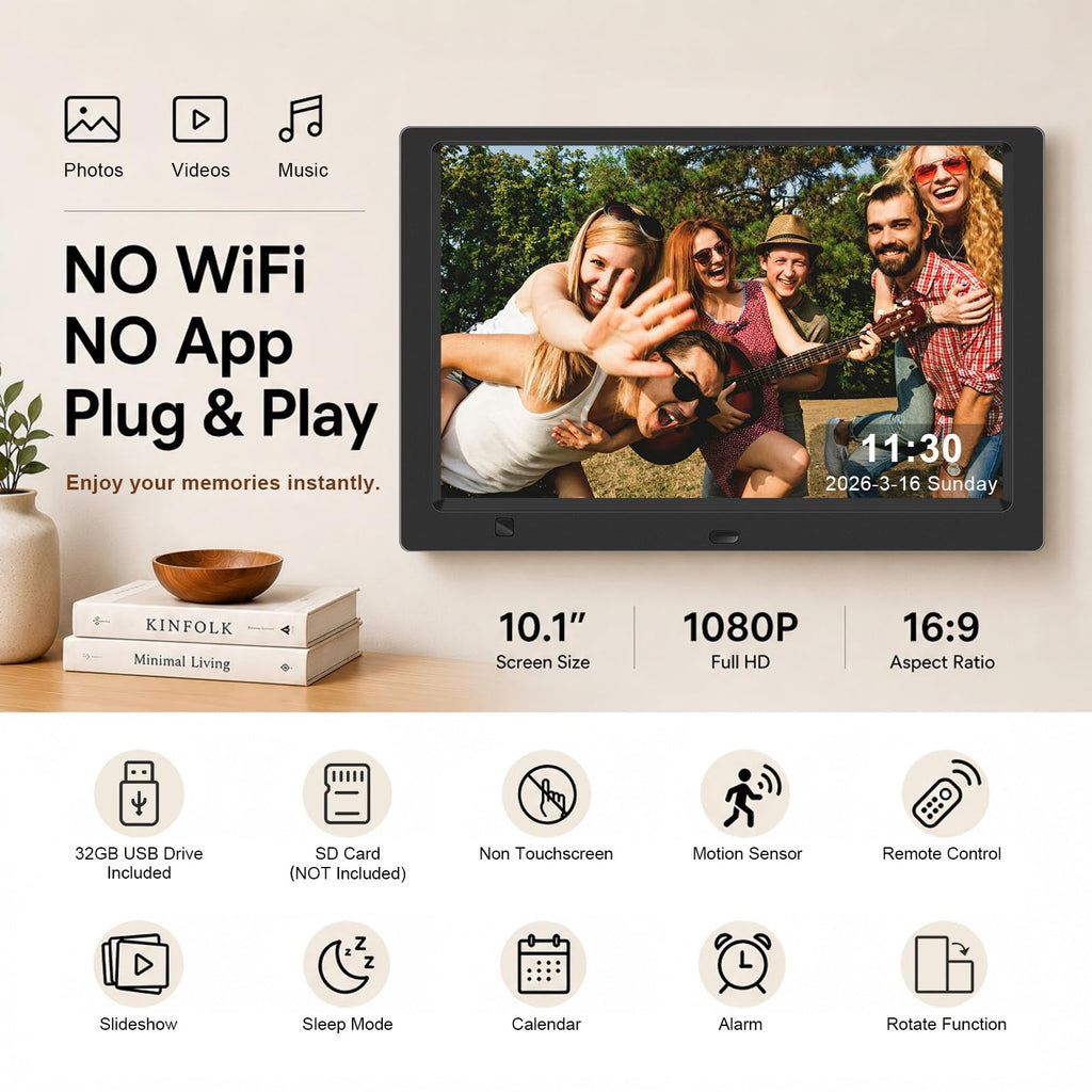 10.1-Inch 1080P IPS Digital Picture Frame, No WiFi or App Required