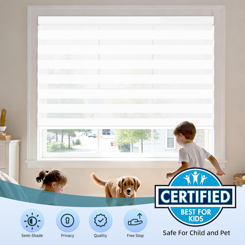 Cordless Zebra Blinds for Windows (29" W X 72" H, White) Free-Stop Zebra Roller Shades Dual Layer Light Filtering