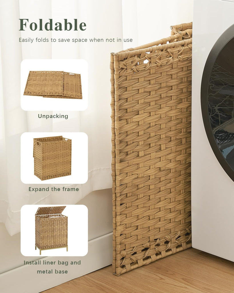 Laundry Hamper with Lid, 112 L Handwoven Rattan Wicker Laundry Basket, 2 Removable Liner Bags Metal Heightened Feet