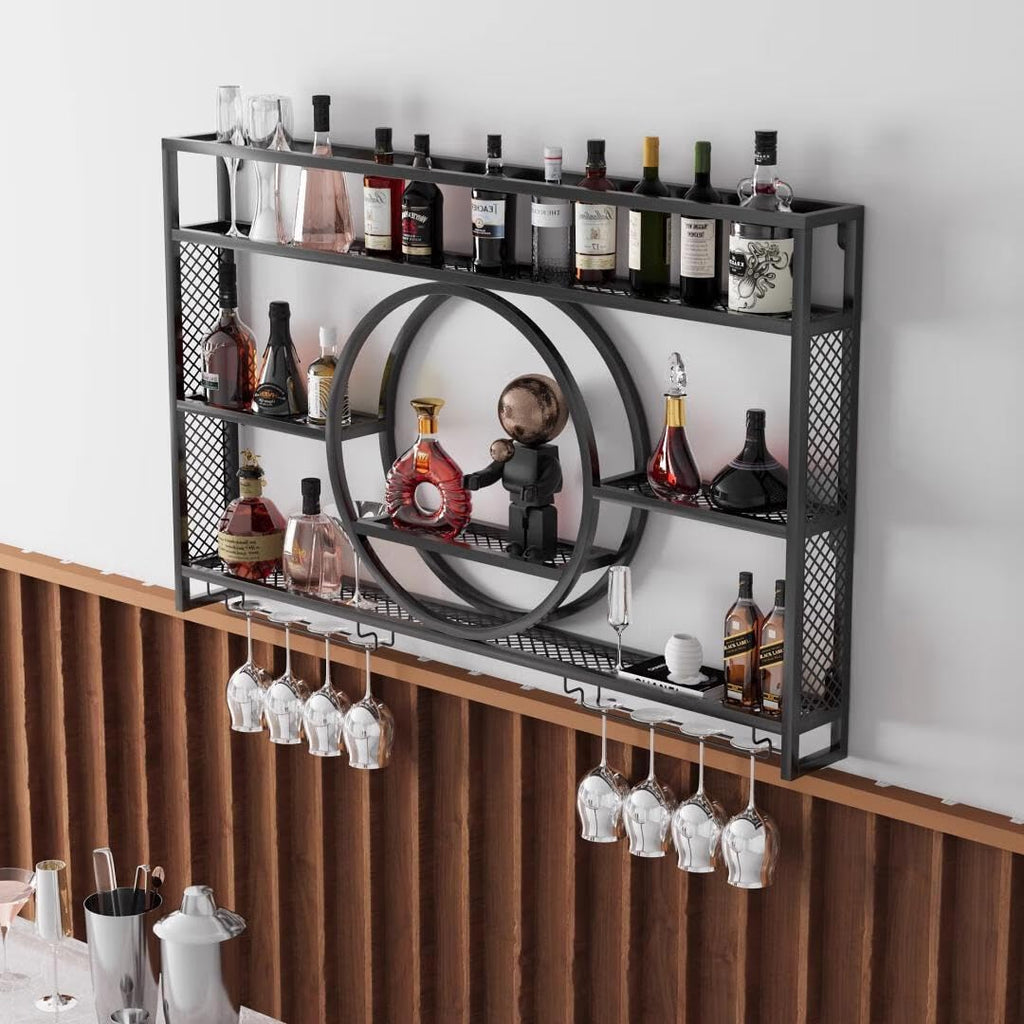 X3 39in Wine Rack with LED Lighting Wall Mounted Glass Holder, 3-Tiers Liquor Bottles Shelves Display Storage