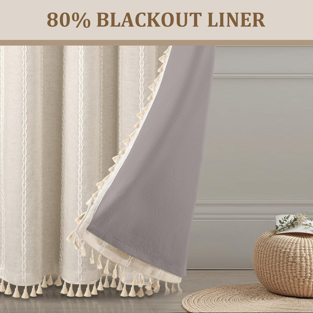 80% Boho Blackout Curtains 84 Inch Linen Blend Drapes 2 Panels