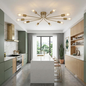 Flush Mount Ceiling Light, 10 Light Brushed Brass Sputnik Chandelier