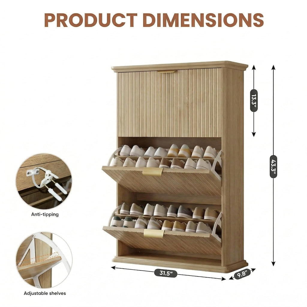 Natural Wood Hidden Shoe Storage Cabinet, Narrow Shoe Rack Cabinet with 3 Flip Drawers, Freestanding Shoe Organizer