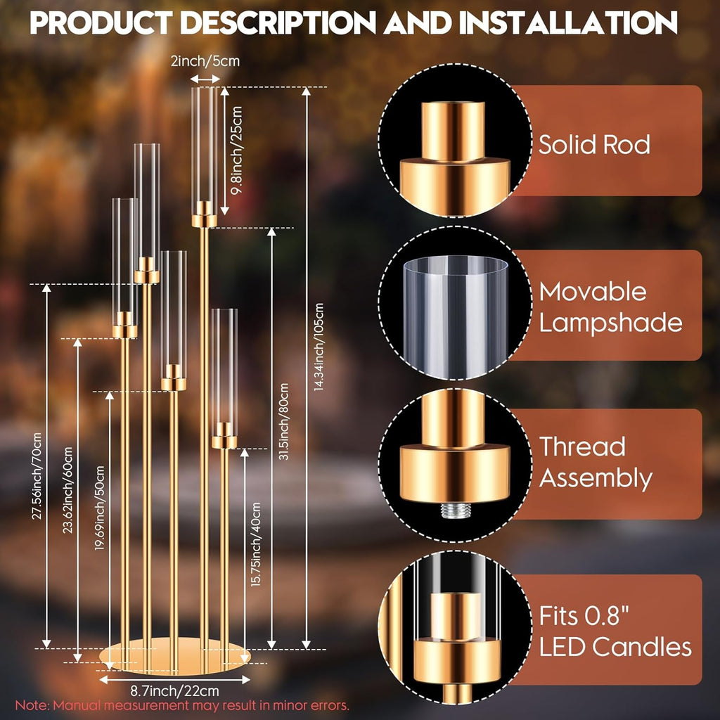8 Set 5 Arm Gold Candle Holder, Mjkeomo 41.3'' Tall Candelabra Centerpieces for Tables Gold Candlesticks Holder for