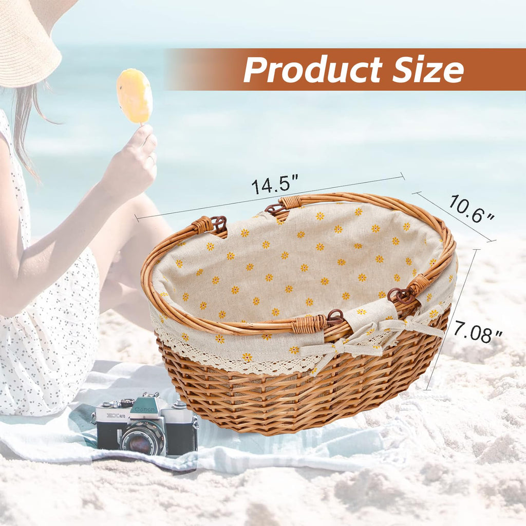 Good GAIN Wicker Picnic Basket w/Fold Handles, Willow Empty Baskets, Yellow