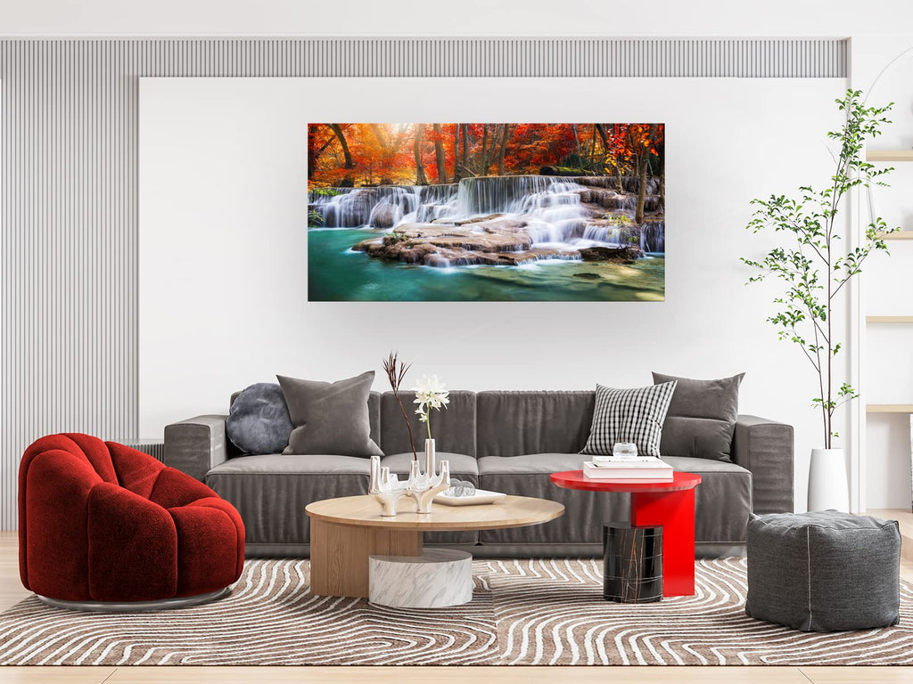 Wall Art Canvas Painting Red Forest Waterfalls 1 Piece Modern Landscape Tree Picture Poster Print Framed and