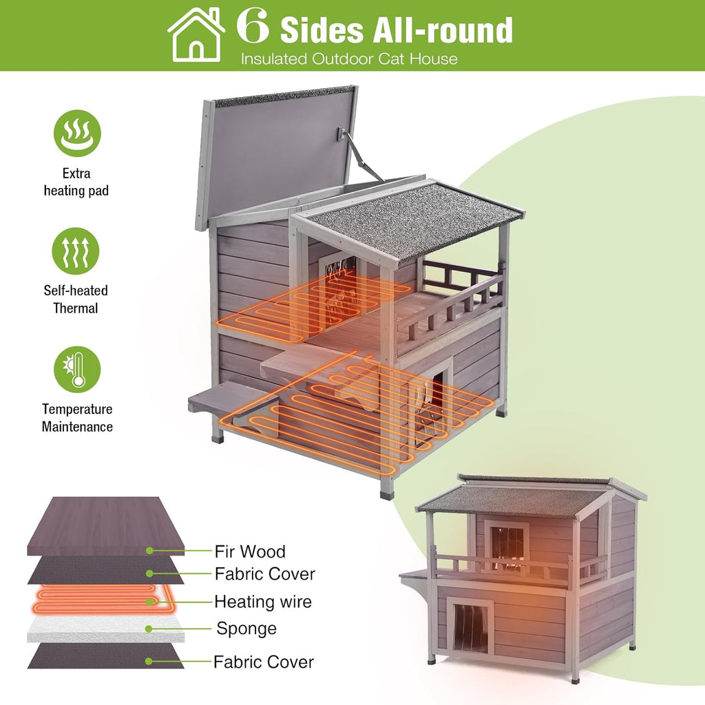 2-Story Heated Cat House Outdoor Insulated Cat House Weatherproof Feral Cat Shelter with Safe Heating Pad, Insulated