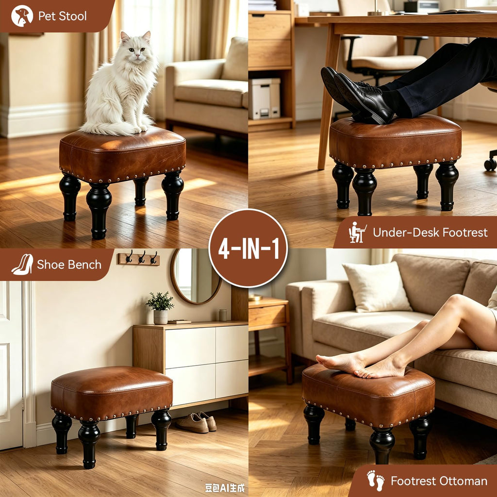 Leather Ottoman Footrest, Rustic Foot Stools Seat, Wood Footstool, Rectangle Footrest Small Ottoman, Entrance Hall