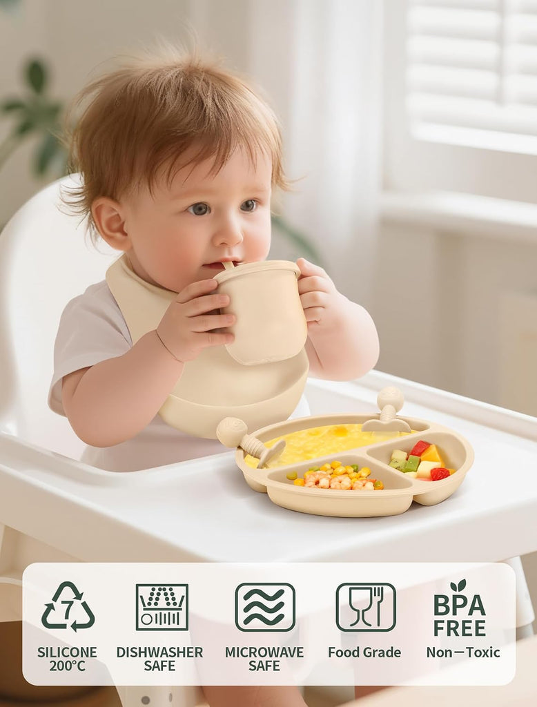 Feeding Set 9 Pcs, Spill-Proof Suction Plate, Bowl, Bib, Silicone spoon&forks, Wooden Spoons&forks, Training cup