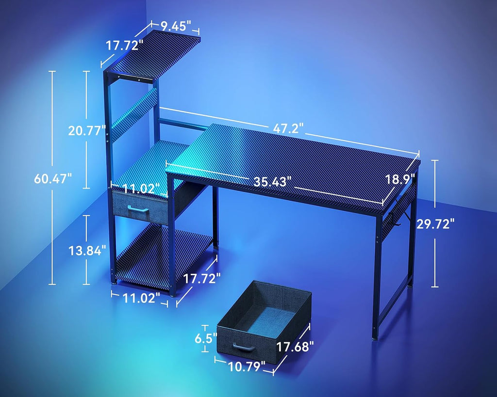 48'' Gaming Desk with LED Lights & CPU Stand, Reversible Computer Desk with Storage Shelves & Fabric Drawer, Modern