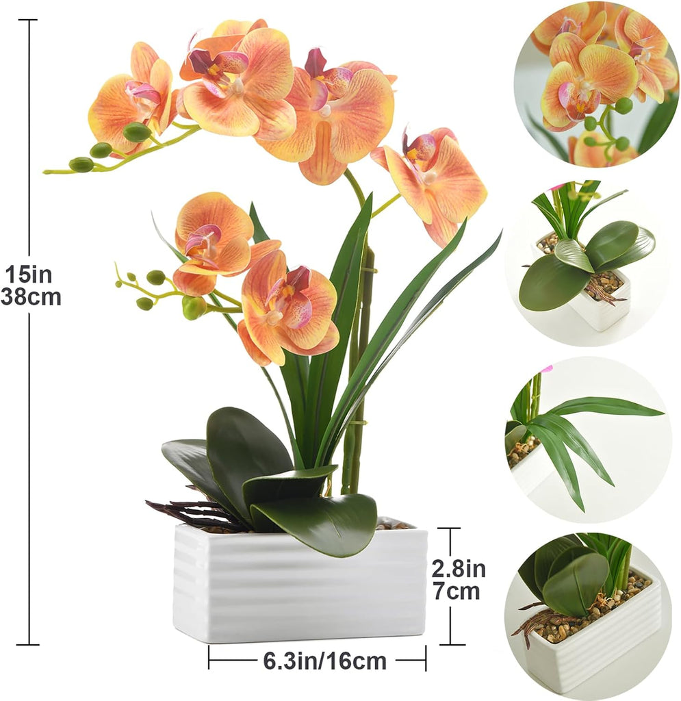 Artificial Real Touch Orchid Flowers with White Ceramic Vase, Orange