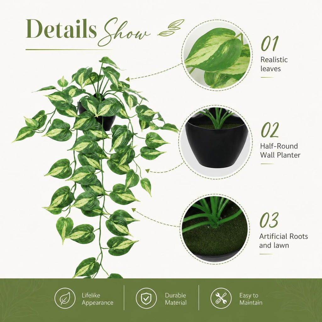 Artificial Pothos Hanging Plants - 2 Pack Silk Ivy Vines with Black Pots, Realistic Fake Greenery for Indoor Home