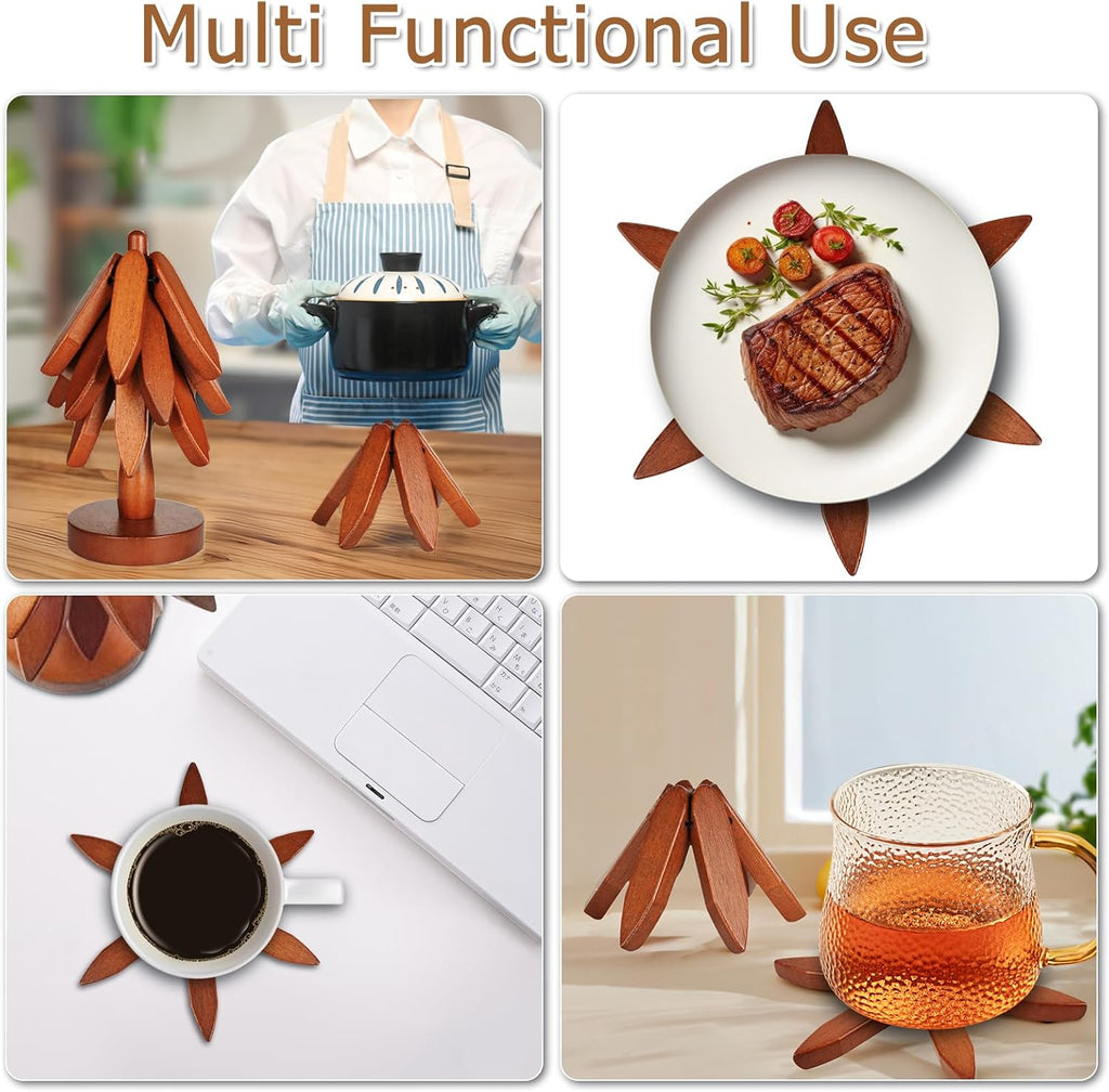 Wooden Trivets for Hot Dishes, Tree Shape Trivet Set, Foldable Kitchen Wooden Trivets, Tree Coaster for Hot