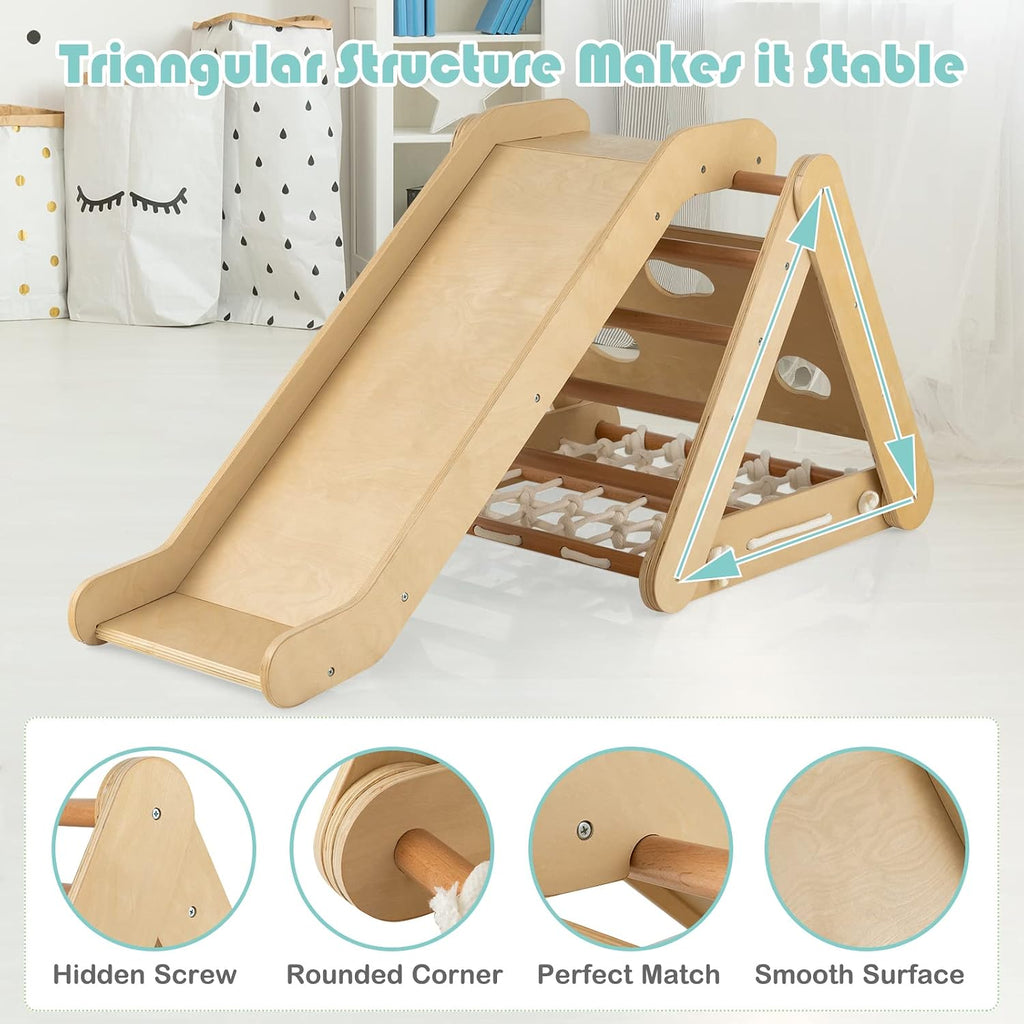 In-1 Triangle Climber with Ramp, Side Kids Climbing Triangle Ladder with Net Rope & Bars, Wooden Montessori