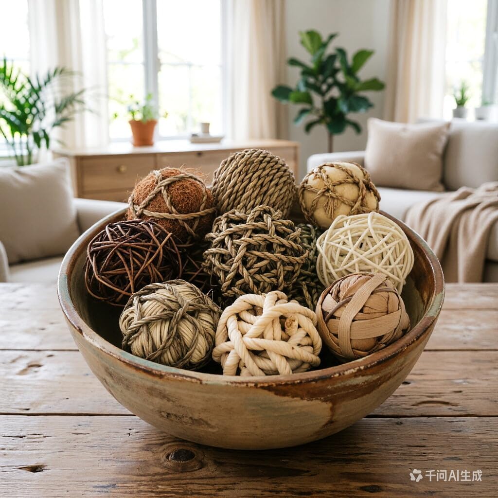 Rustic Decorative Balls for Centerpiece Bowls Vase Tray Fillers, 2.8 inch Assorted Wicker Rattan Balls Green - Set of 9