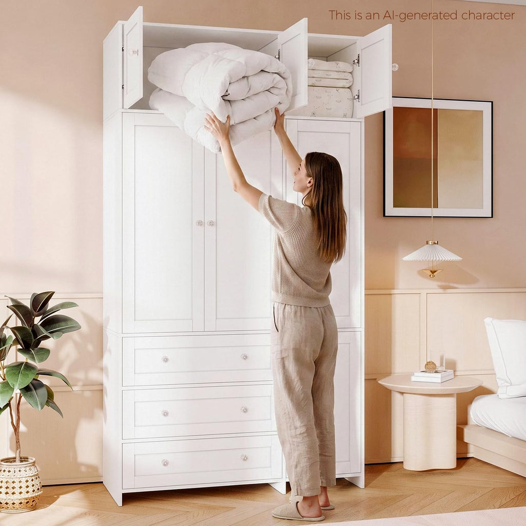 87" H Armoire Wardrobe Closet with Overhead Cabinets, Mirror & Rod