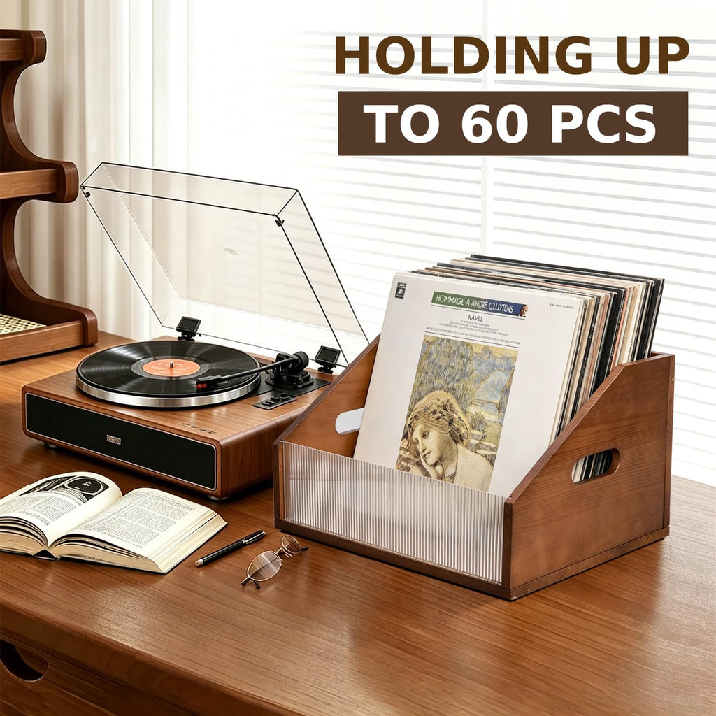 Vinyl Record Storage Crate, Solid Pine Wood Record Box Holds Up to 60 LP Albums, Wooden Vinyl Record Holder with