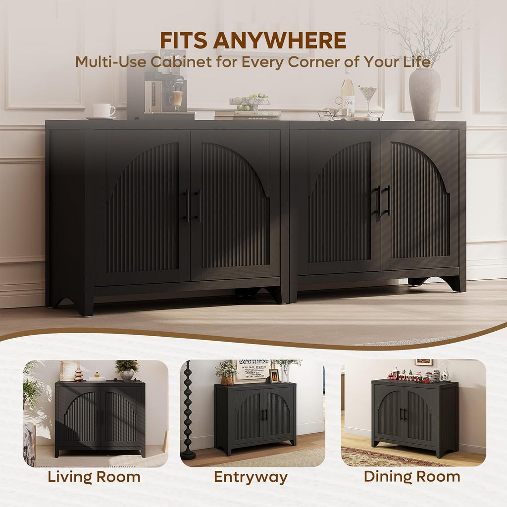37" Modern Fluted Sideboard Buffet Cabinet with Storage, Black Oak | Small Wooden Modular Storage Cabinet, Adjustable