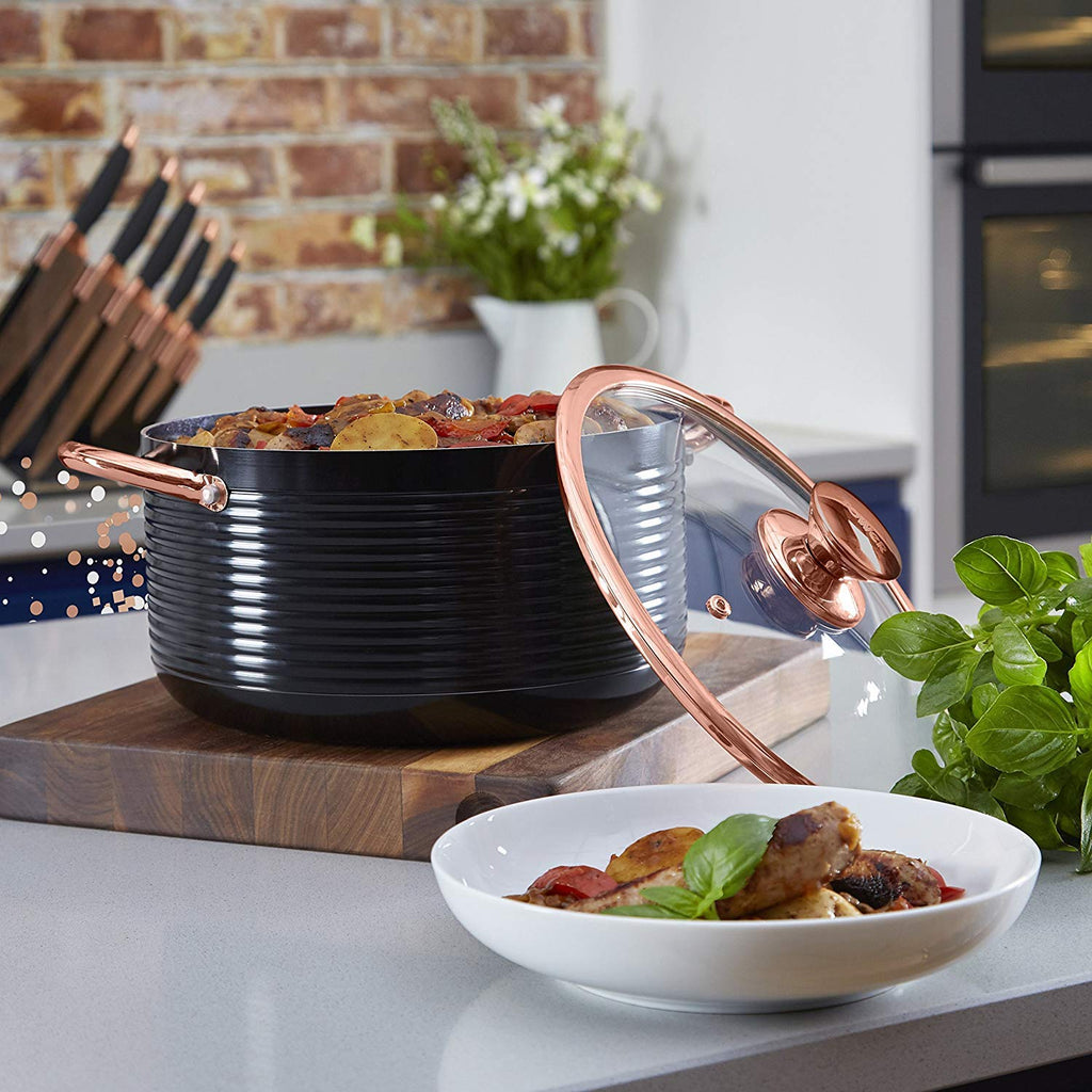 Linear Casserole Dishwith Easy Clean Non-Stick Ceramic Coating, Aluminium, Black and Rose Gold, 24 cm