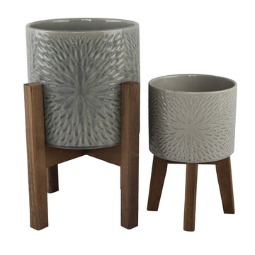 Mid Century 2pcs 10 inch & 8 inch Sunburst Ceramic Planter on Wood Stand, Set of 2