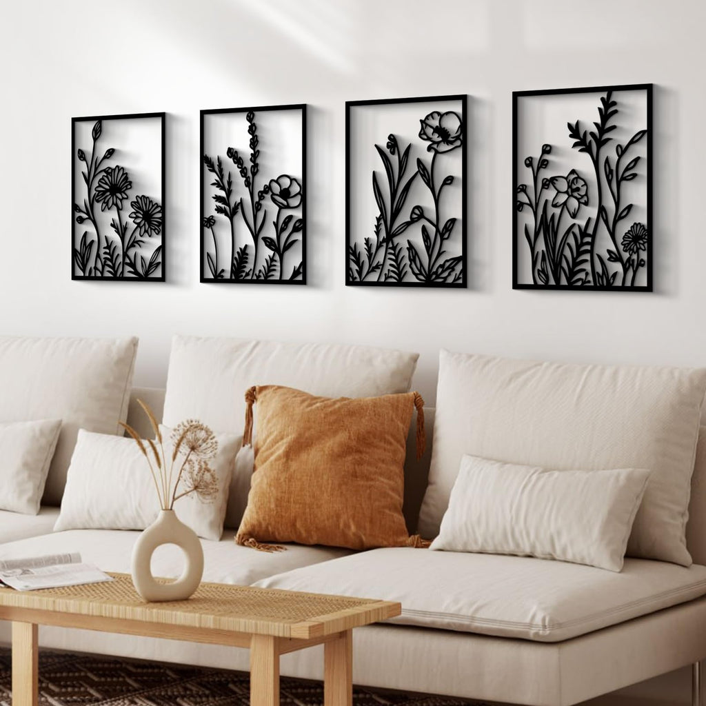 4 Pcs Black Abstract Flowers Metal Wall Art, Minimalist Floral Single Line Wall Décor, 3D Textured Sculptures