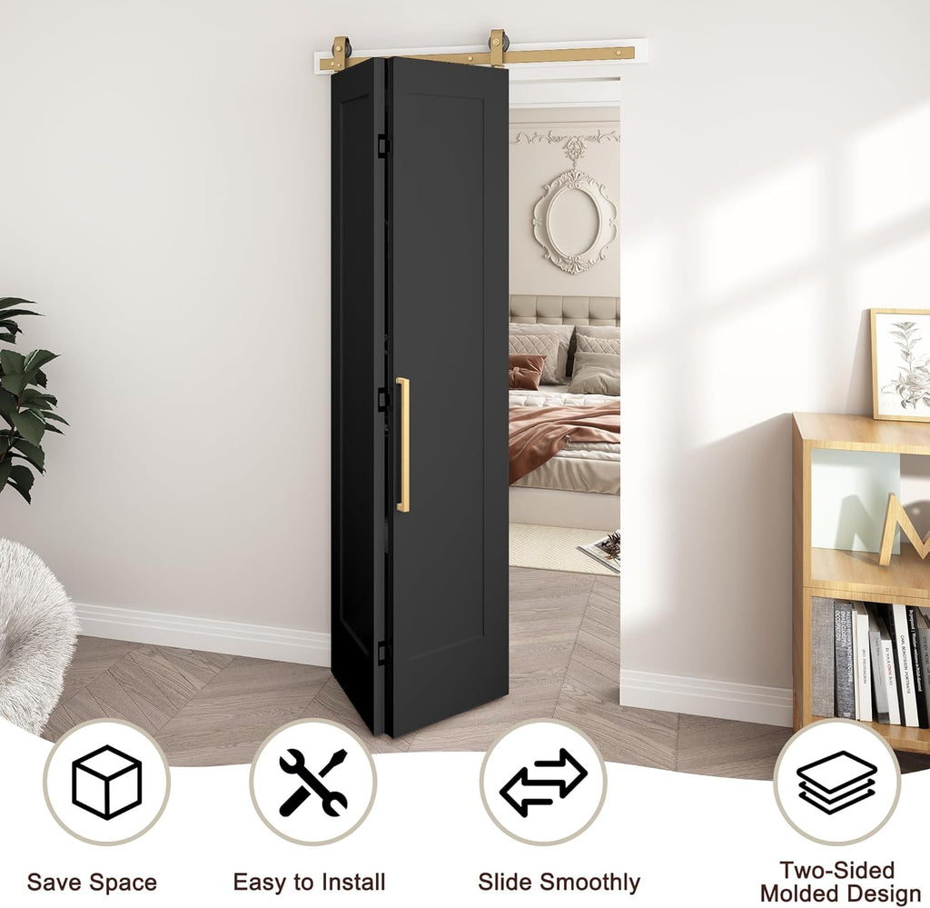 36 in.x 84 in. Bifold Barn Door, 1 Panel Vinyl Wrapped Textured Black Bifold Closet Door, Hollow Cor