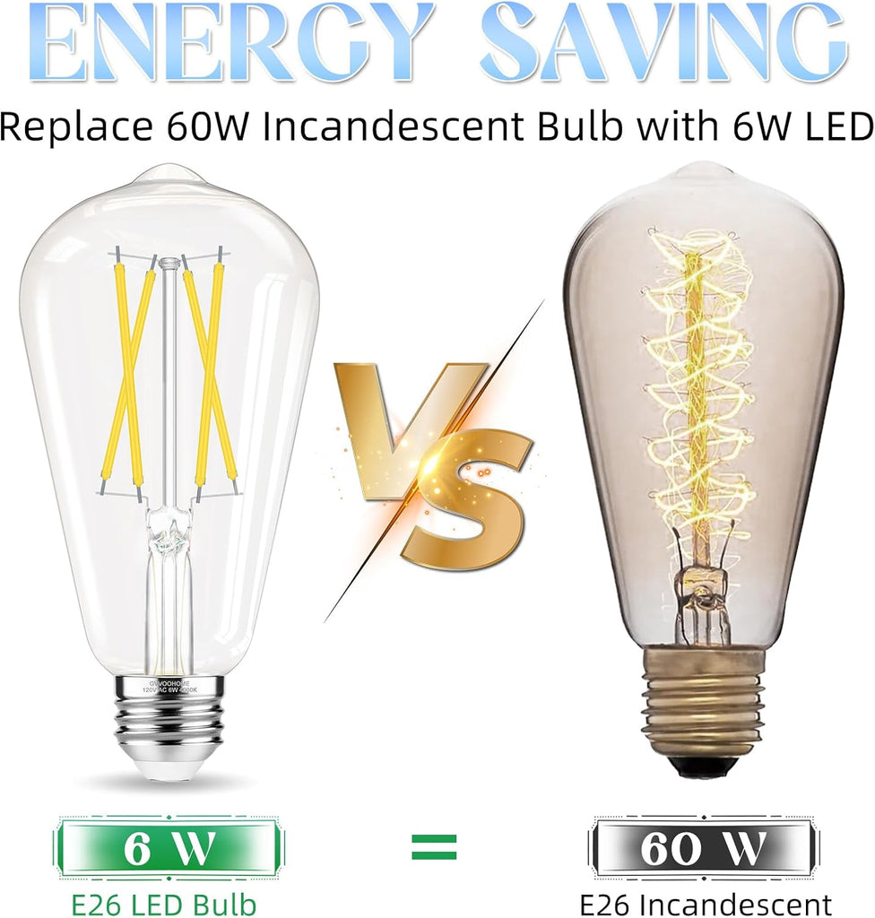 Edison Bulbs 60 watt Equivalent LED, E26 LED Bulb Non-Dimmable, 4000K Daylight White, ST58 Vintage Light Bulbs, 90+