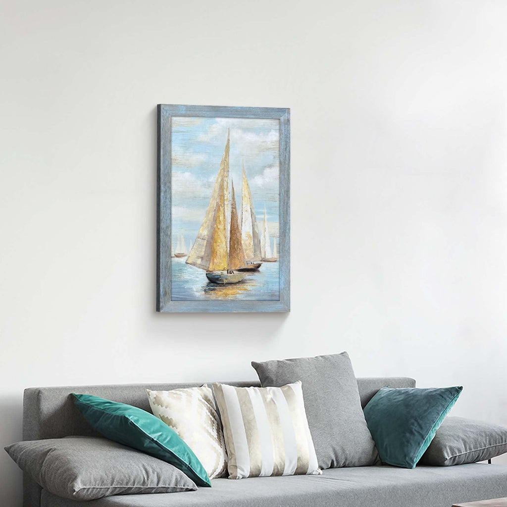 Ocean Nautical Sailboat Wall Art: Coastal Wooden Framed Sea Boat Rustic Seascape Texture Painting Prints Seaside