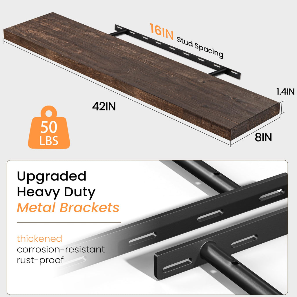 Floating Shelves for Wall, 8" Deep Solid Elm Wood Wall Mounted Shelves with Invisible Bracket, Farmhouse Wooden Shelf