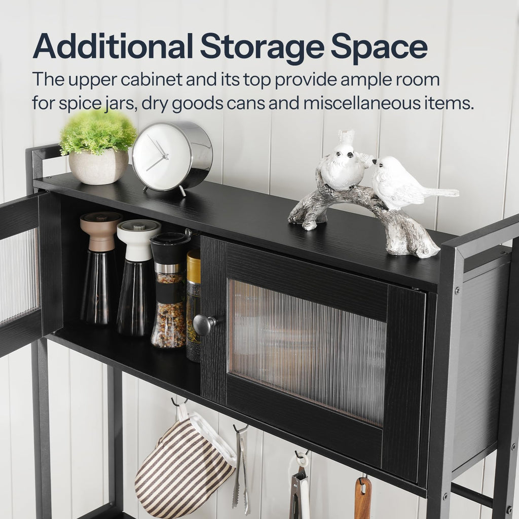 Bakers Rack with Storage Cabinet, 5-Tier Coffee Bar with Power Outlet and LED Lights, Industrial Microwave Oven Stand